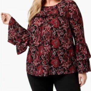 Michael Kors Top: Large wine red paisley pattern on black, long ruffle sleeve